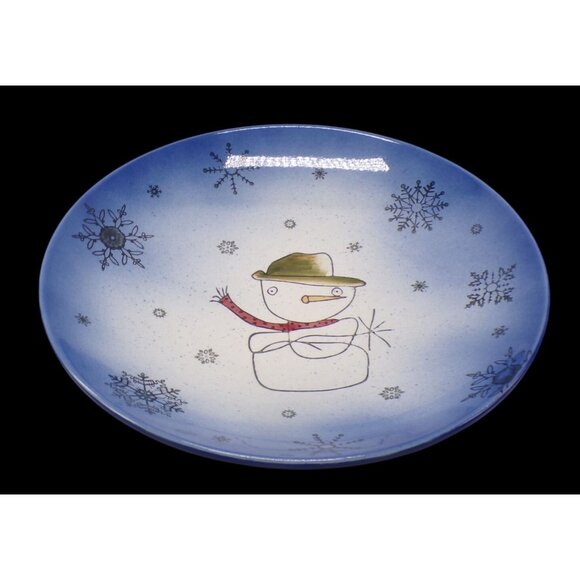 Beaver Farm Pottery HandPainted Snowman Blue Winter Design Ceramic Platter Bowl - Picture 2 of 6
